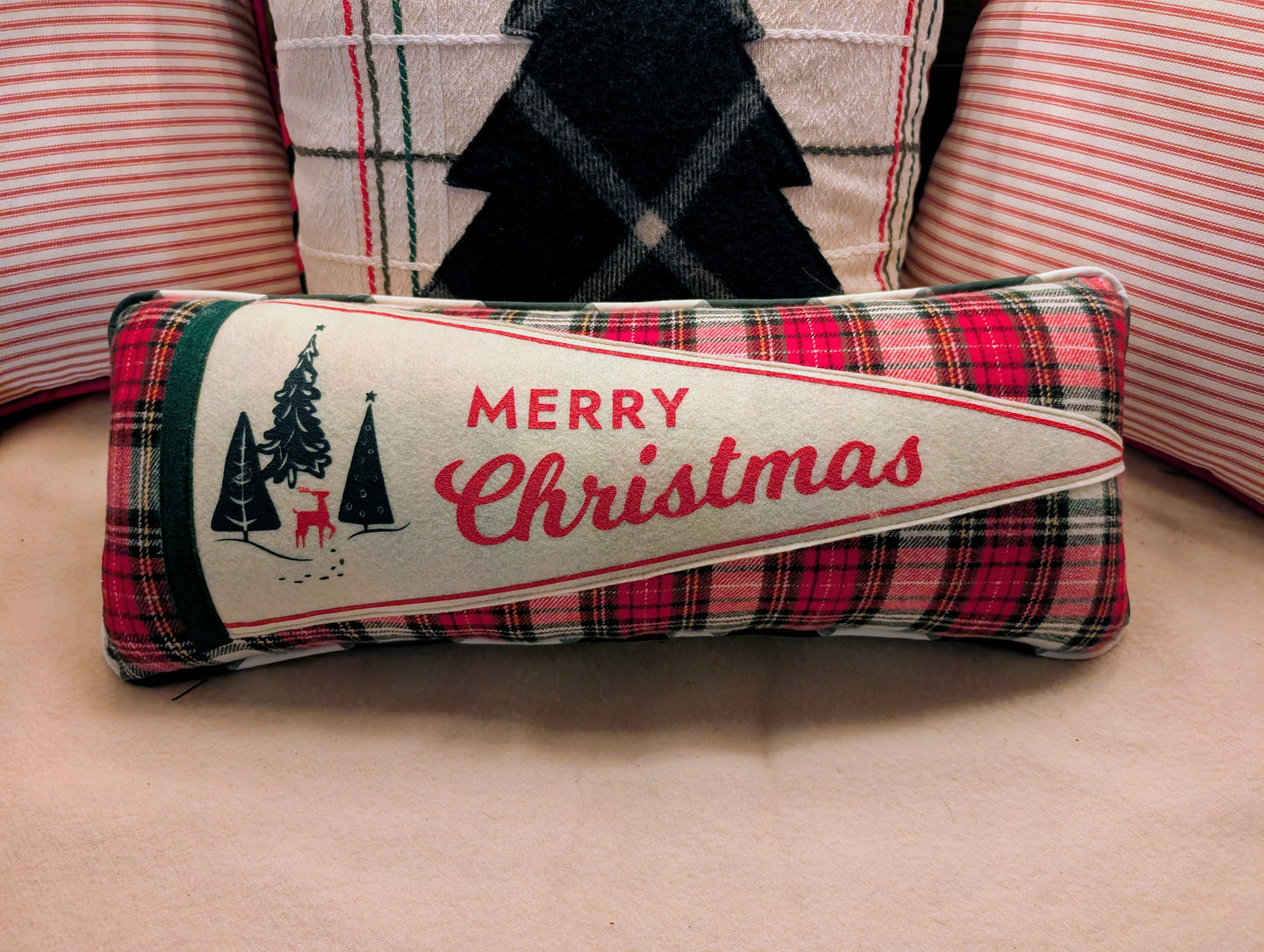 Merry Christmas Pennant pillow with Evergreens