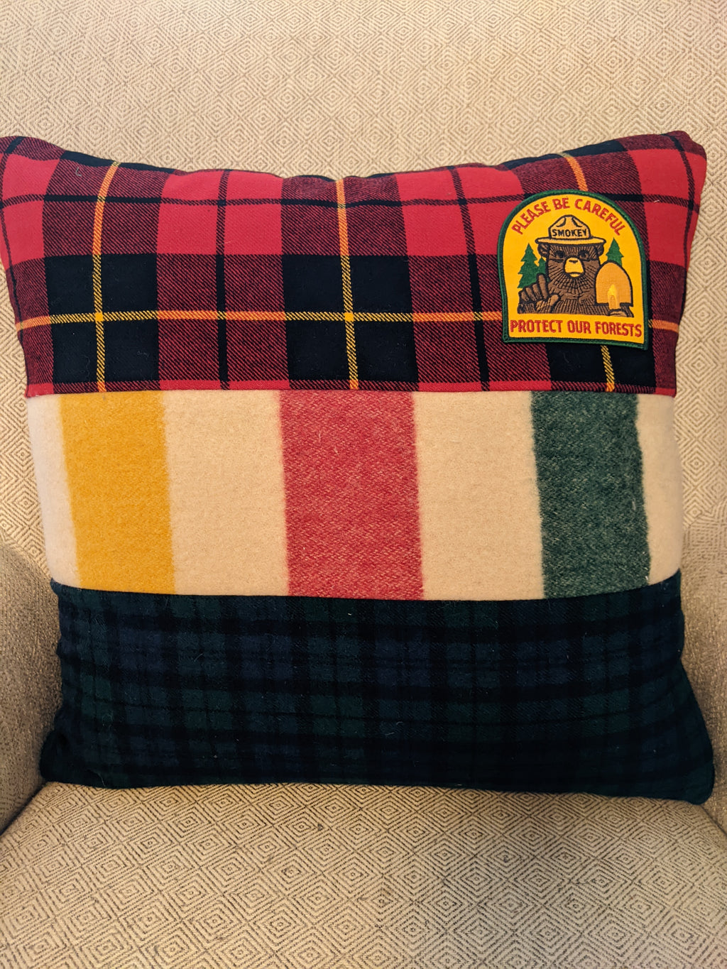Blanket with Multi plaid fabric and Patch