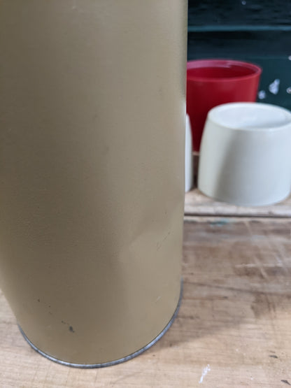 Tan with red and black stripe thermos