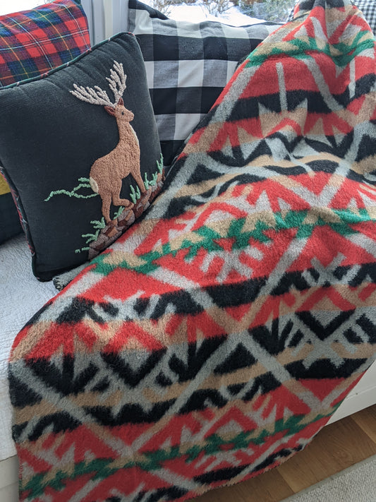 Blanket, Wool Red, Green Tan and Gray pattern Vintage