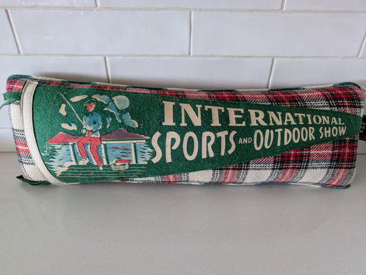 International sports and outdoor show pennant pillow vintage