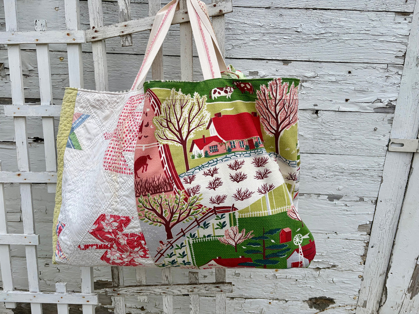 Vintage Countryside Barkcloth and Quilt Tote