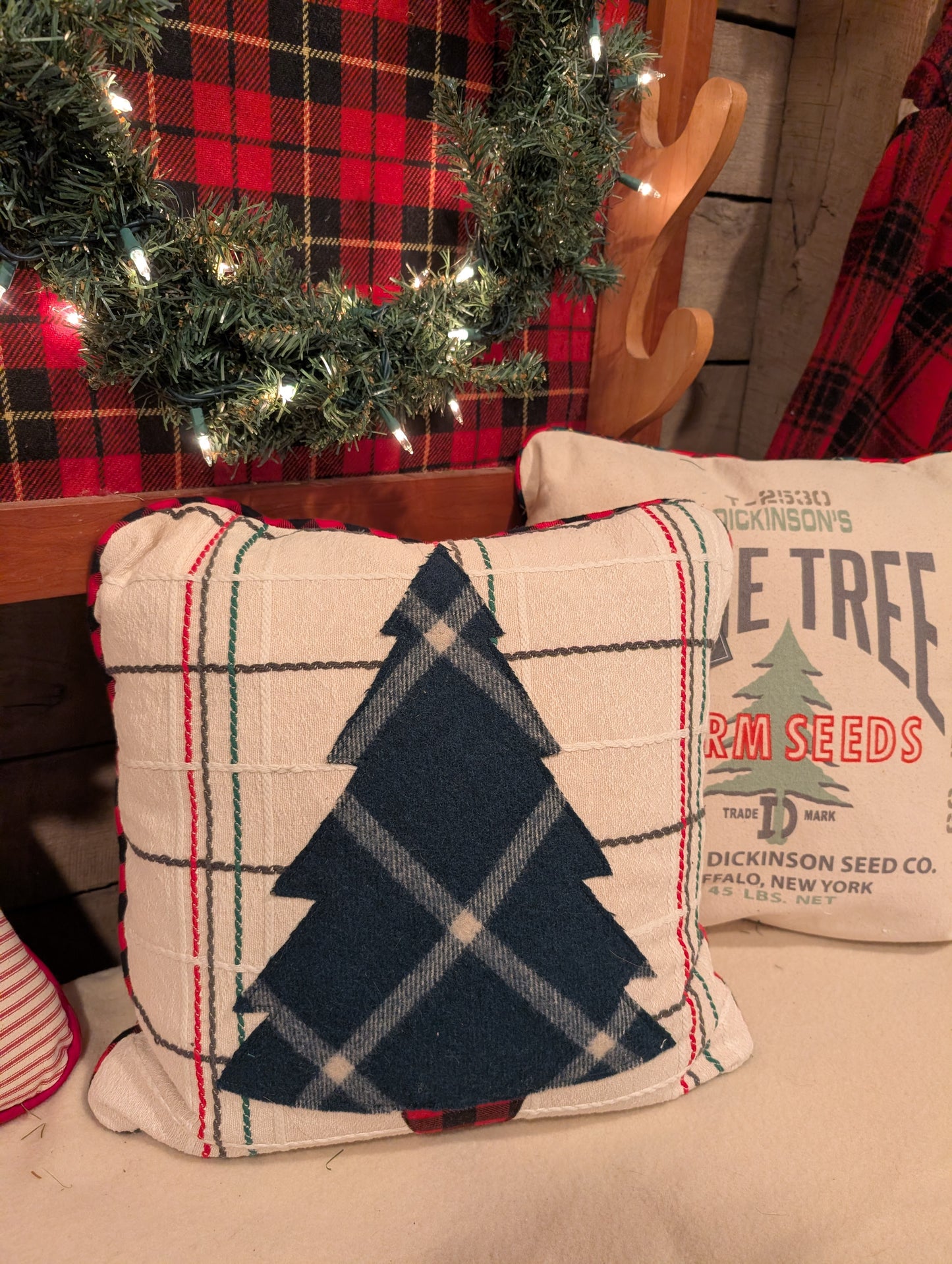 Evergreen Christmas Tree on vintage fabric pillow