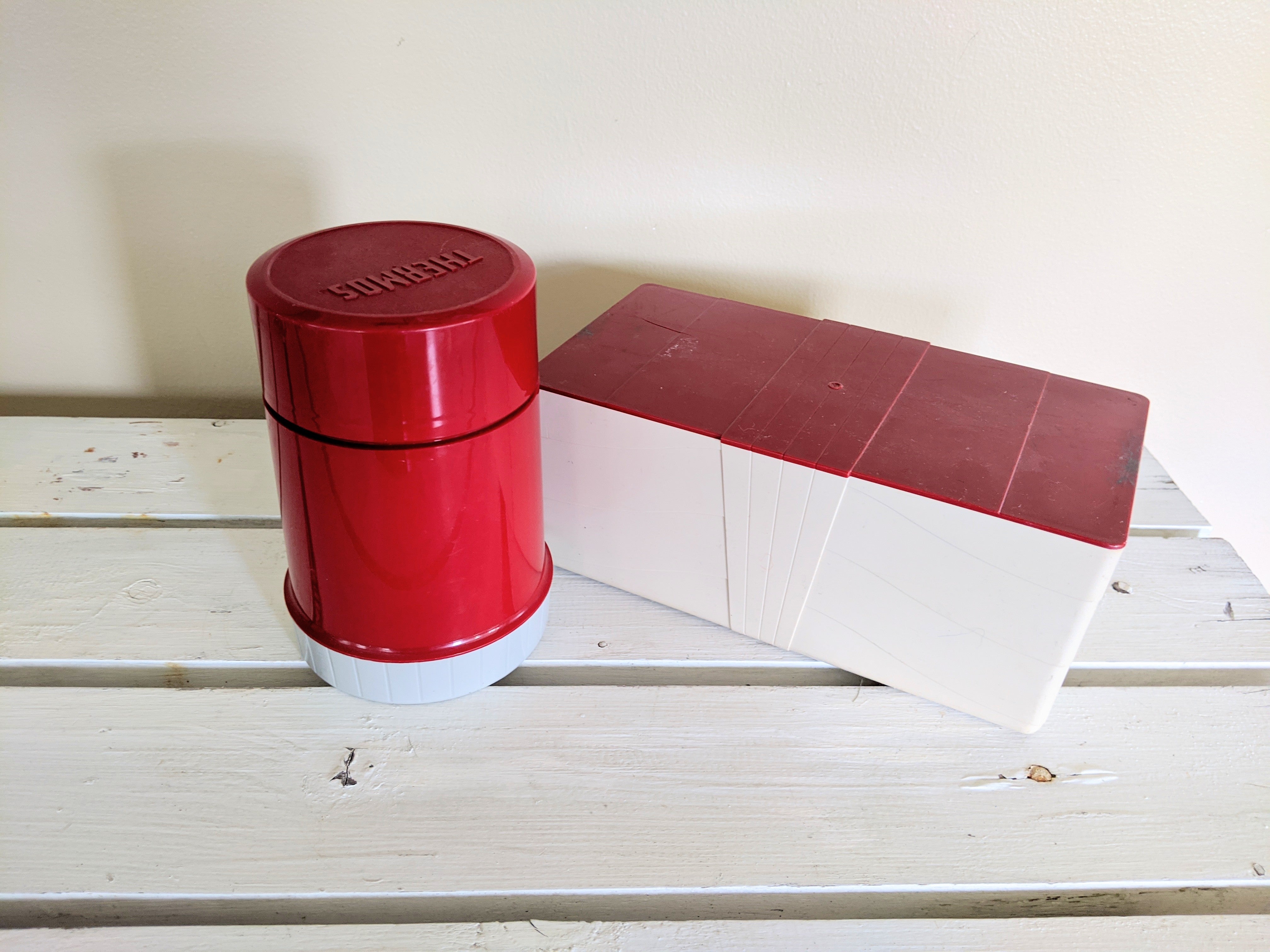 Vintage Red Thermos and Vintage Snack Container