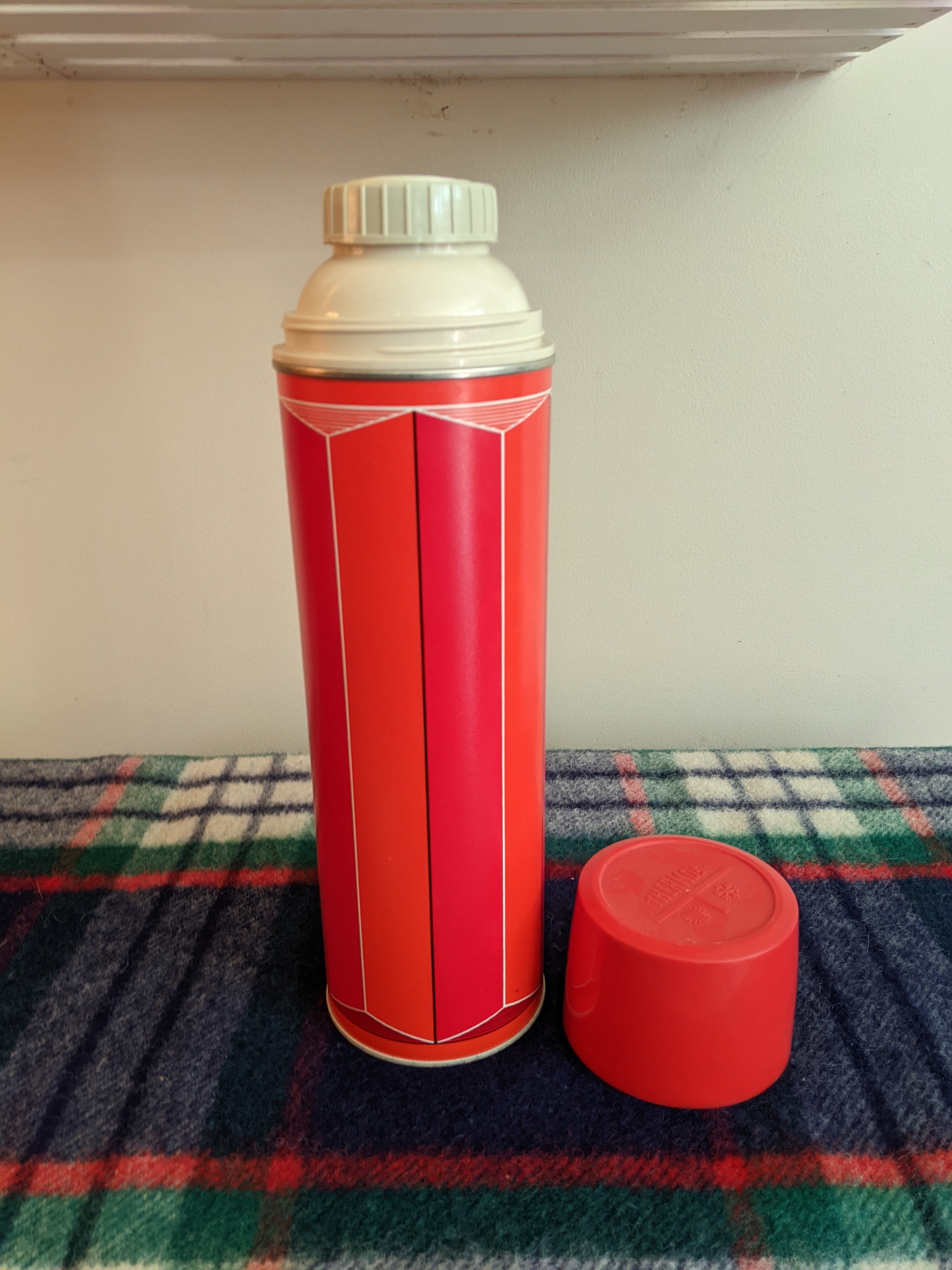 Red Plaid Insulated Thermos,1970s,,2842,coffee Thermos,small 8 Oz Hot  Beverage Thermos,camping,picnic,distressed,1960s 